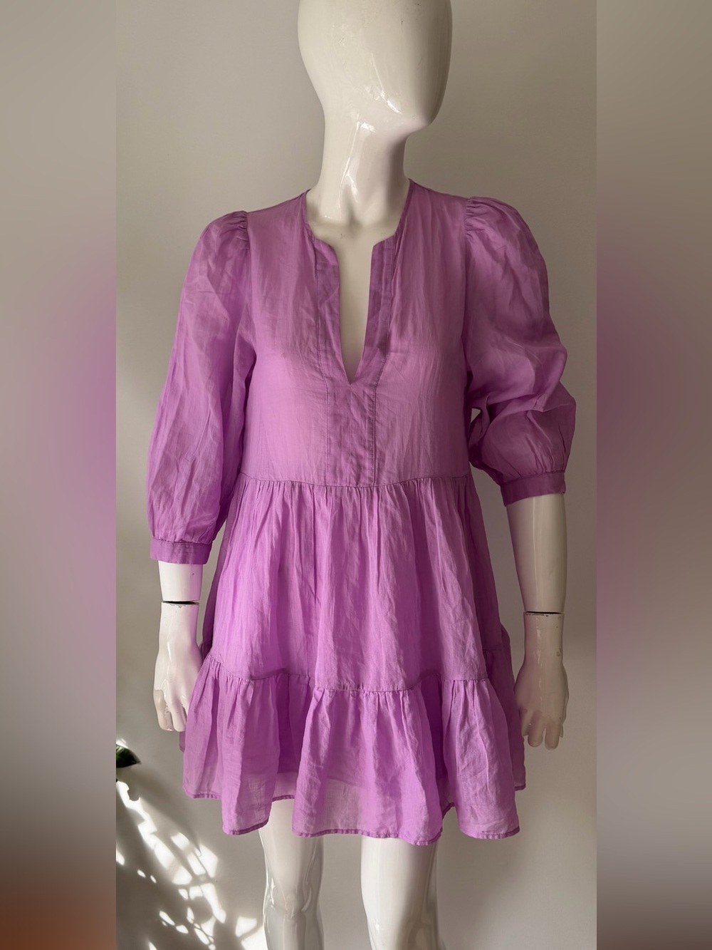 Xetra Purple 100% Cotton Tiered Mini Dress Size small 40 Puff Sleeve Boho